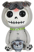 Hand-painted cold-cast resin pug statue with a skeleton design, featuring big eyes, a smiling mouth, and a small puppy illustration on its chest. It is displayed against a plain background.