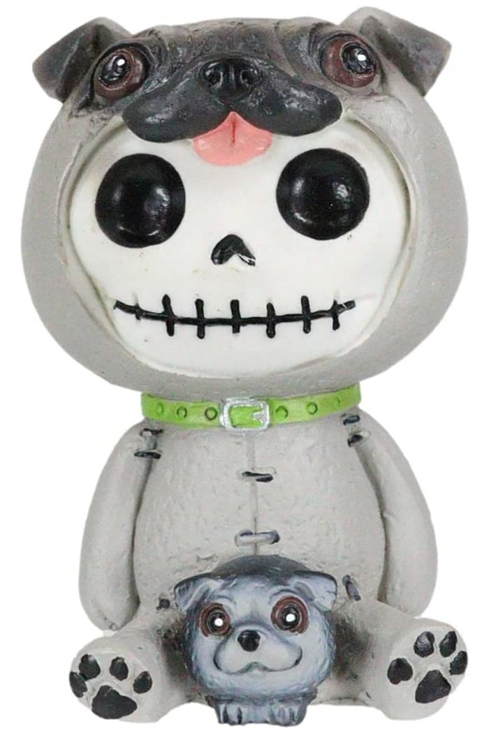 Hand-painted cold-cast resin pug statue with a skeleton design, featuring big eyes, a smiling mouth, and a small puppy illustration on its chest. It is displayed against a plain background.