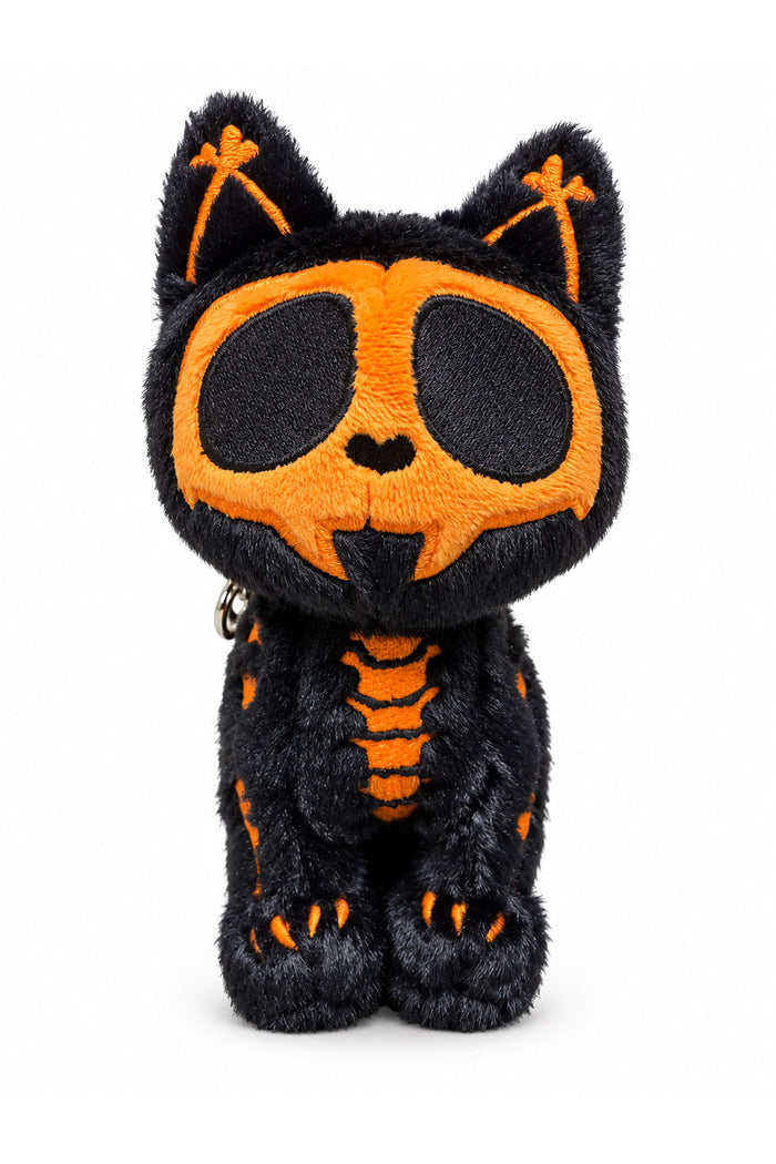 gothic orange and black halloween skeleton cat plushie keychain