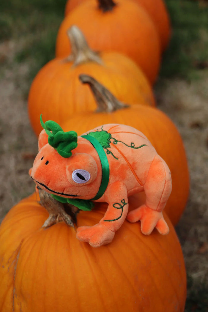 Embroidered pumpkin themed toad plush