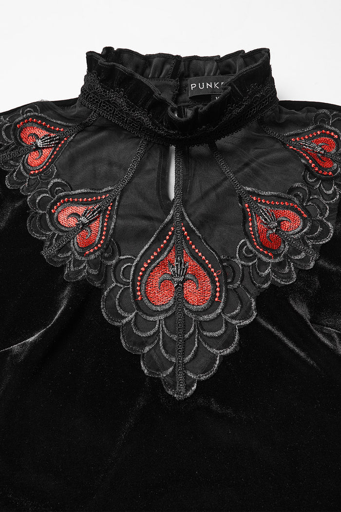 womens flared long sleeve black velvet top with embroidery