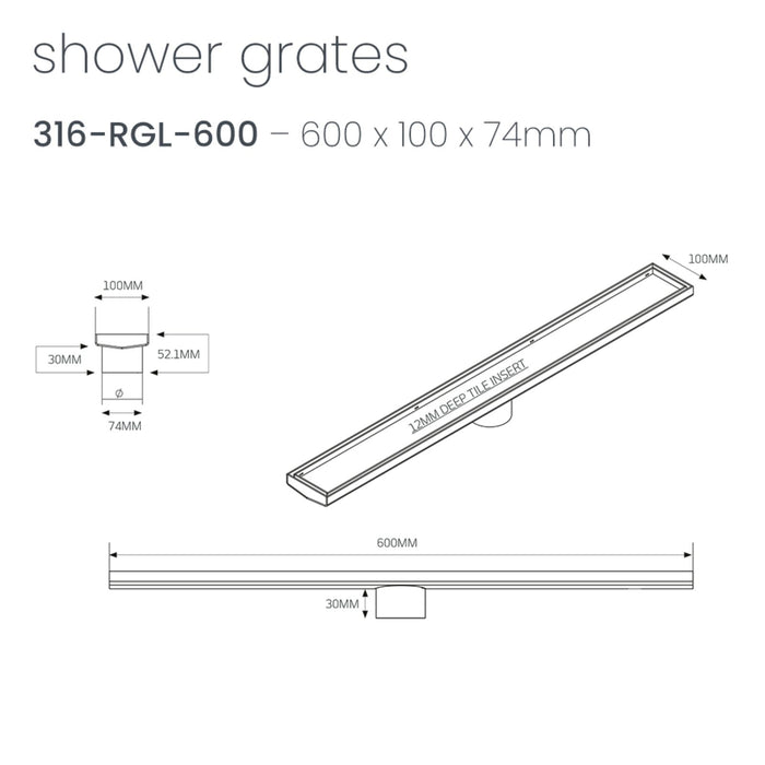 Technical Drawing Radiant Tile Insert Linear Shower Grate - 600mm length + 74mm outlet - Warm Brushed Nickel 316-WBN-RGL-600-74 - The Blue Space