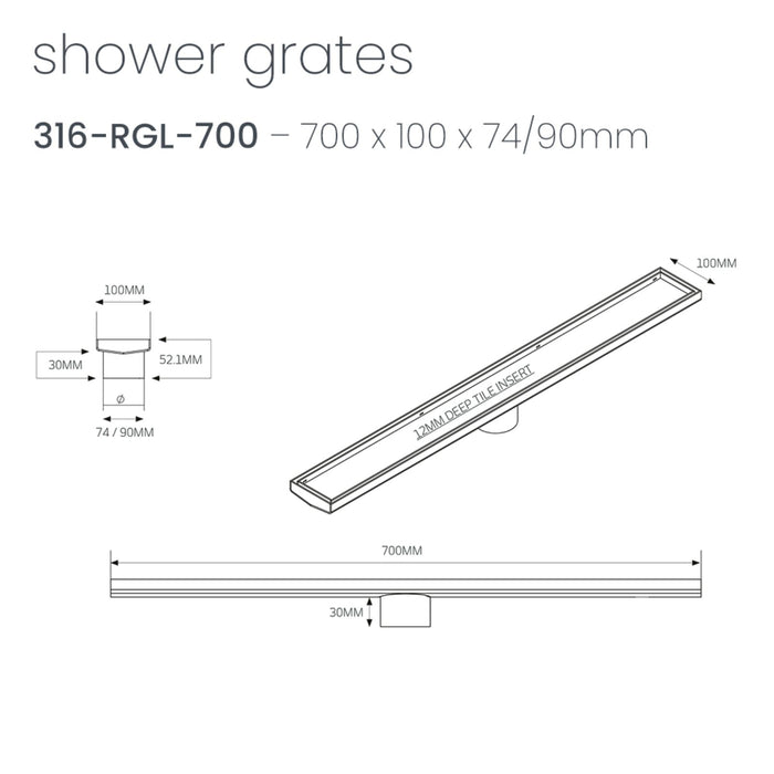 Technical Drawing Radiant Tile Insert Linear Shower Grate - 700mm length + 74mm outlet - Warm Brushed Nickel 316-WBN-RGL-700-74 - The Blue Space