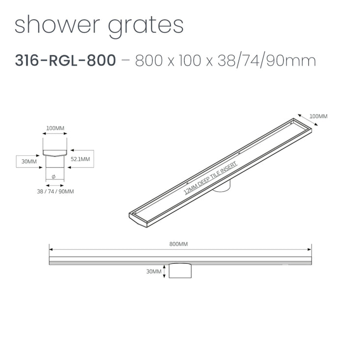 Technical Drawing Radiant Tile Insert Linear Shower Grate - 800mm length + 74mm outlet - Warm Brushed Nickel 316-WBN-RGL-800-74 - The Blue Space