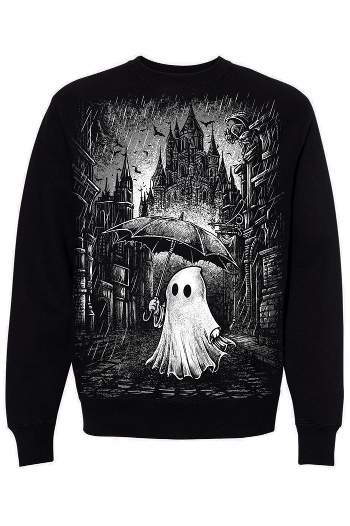 VampireFreaks cute rainy day ghost with umbrella graphic sweatshirt