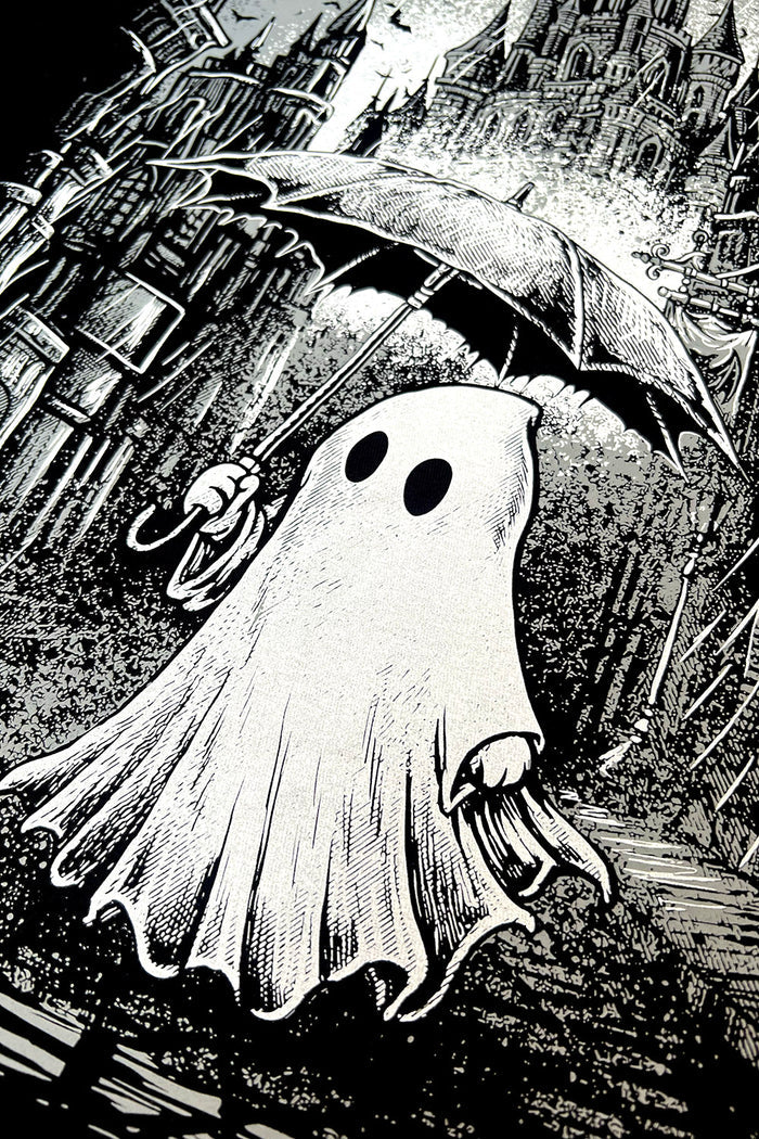 gothic graphic hoodie of a ghost holding an umbrella