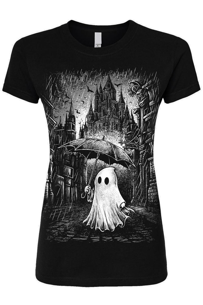Rainy day ghost white and gray graphic on womens black short sleeve tshirt