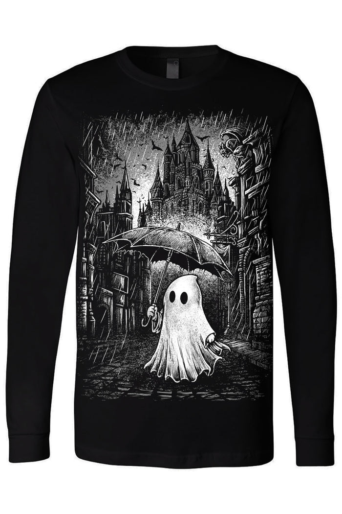 Cute ghost with umbrella in rain graphic on black long sleeve shirt from VampireFreaks