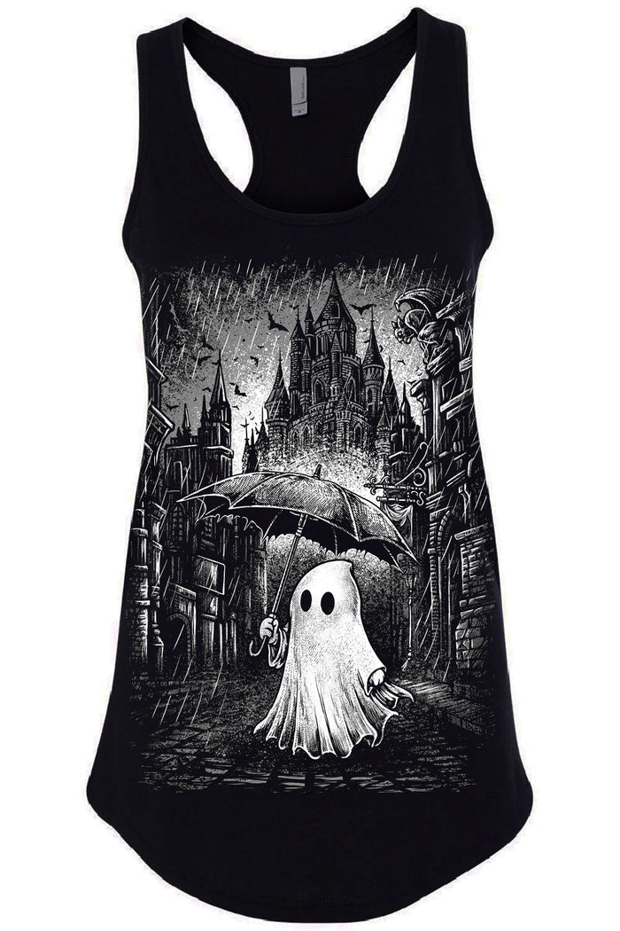 Womens emo black racerback with ghost in rain graphic