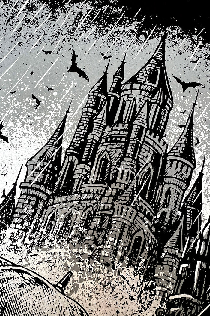 gothic graphic hoodie jacket of a ghost holding an umbrella  and a gothic castle
