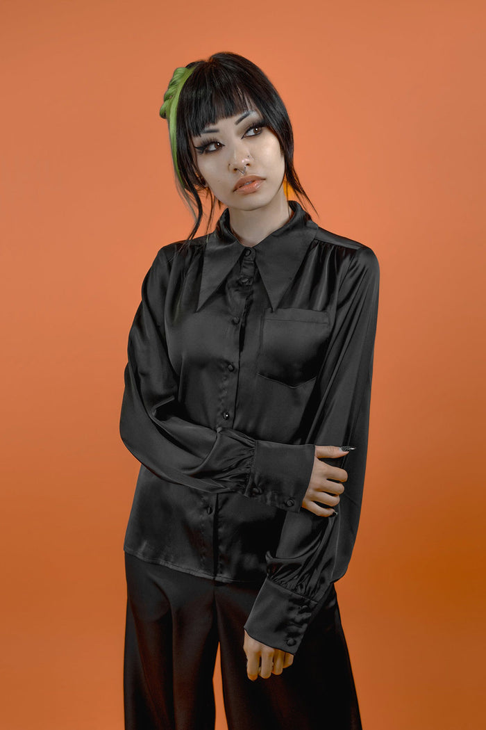 black satin button up pointed collar witchy blouse