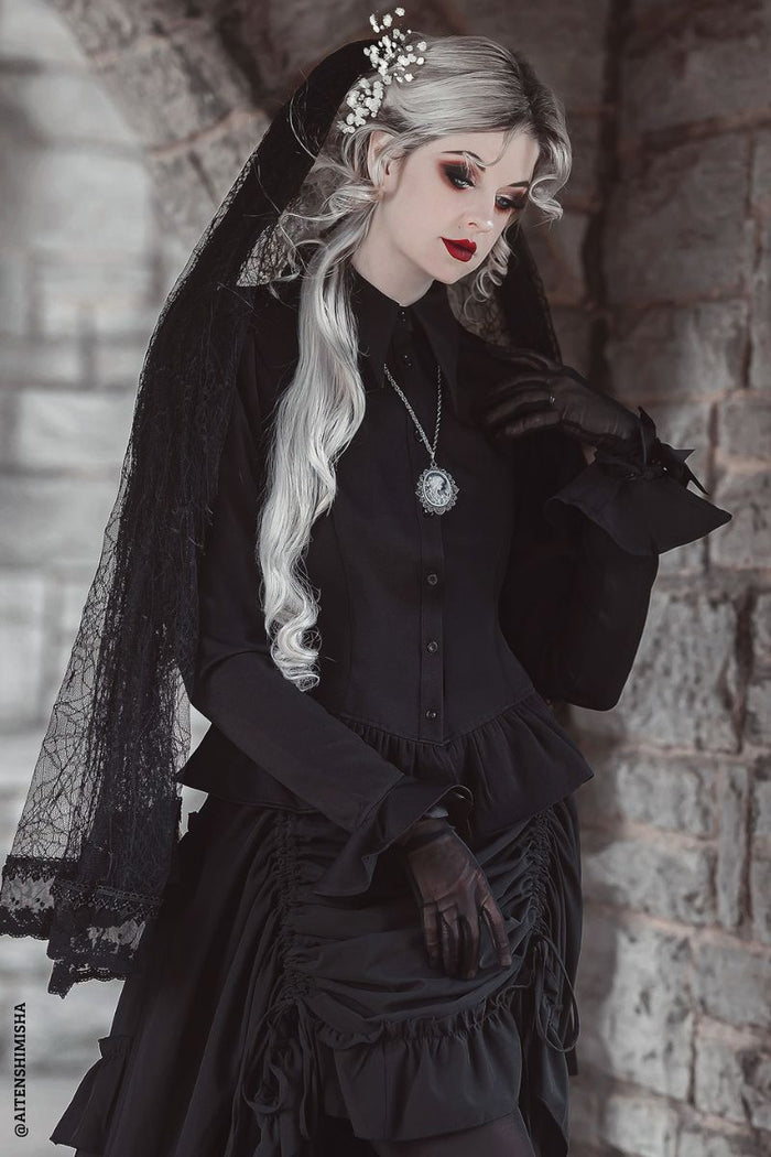 gothic pointed collar peplum long sleeve puff shoulder blouse
