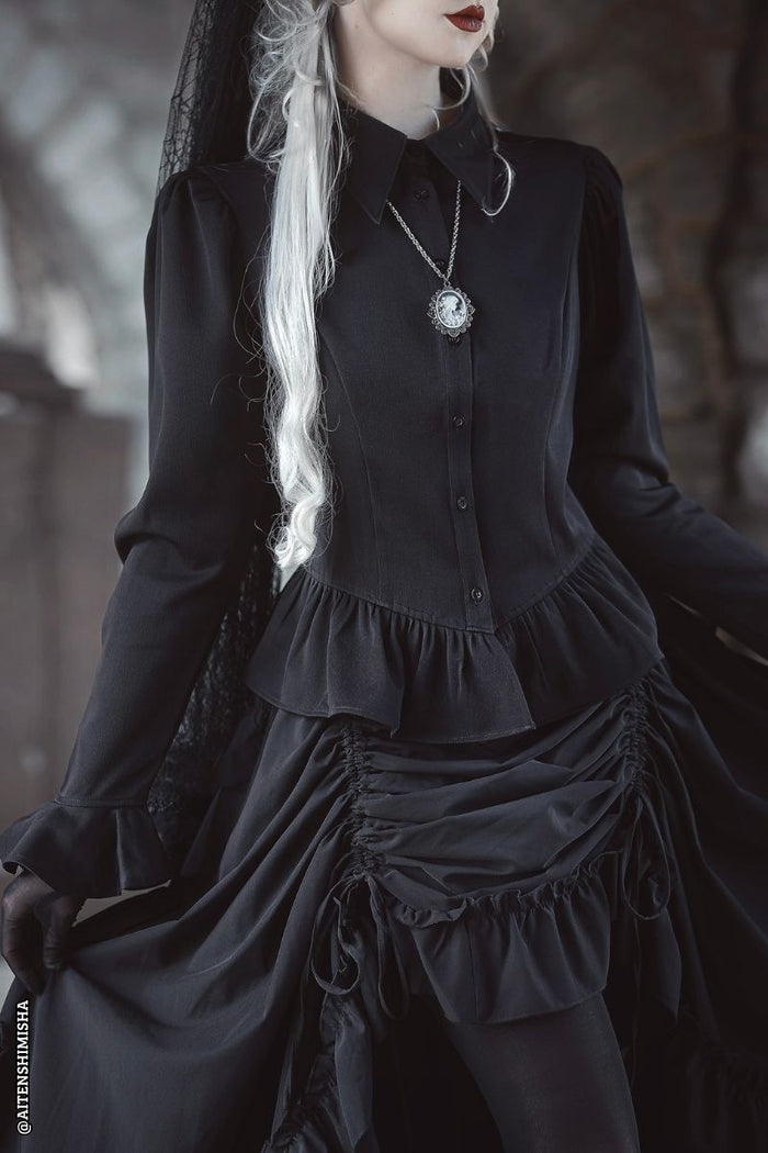 womens collared gothic peplum hem long sleeve romantic goth blouse  with puffed sleeves
