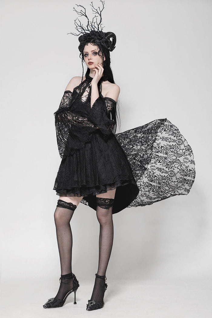 trumpet sleeve goth dress with train in the back