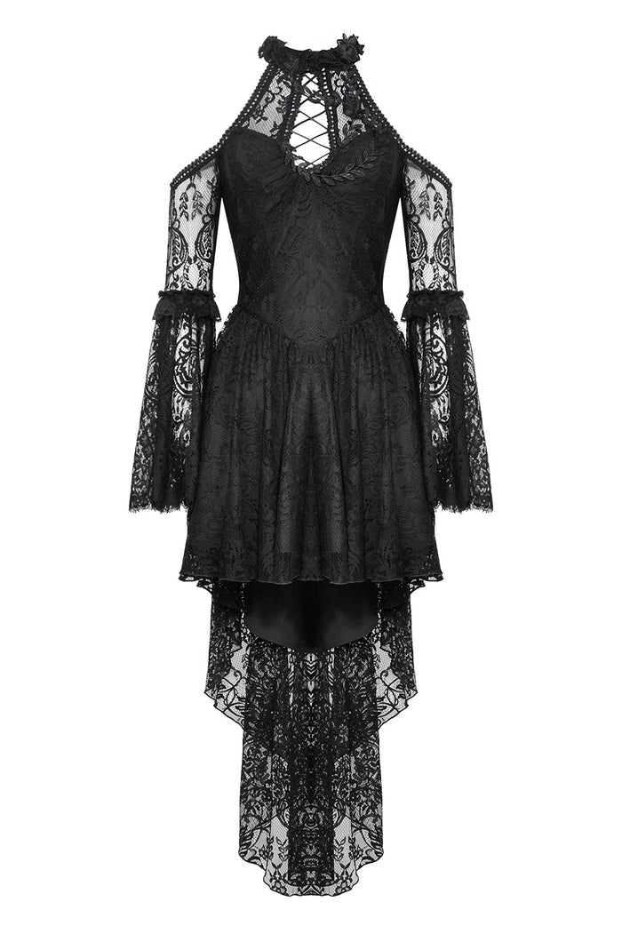 embroidered ruffled black lace halter neck dress
