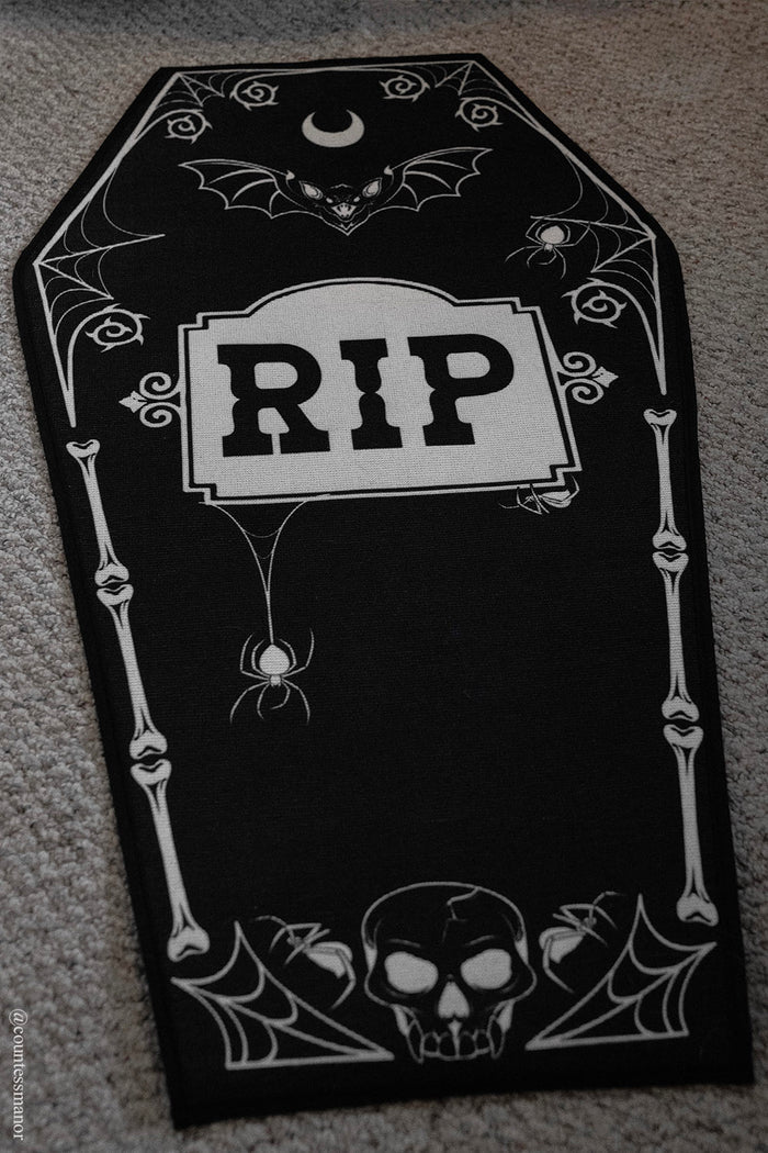 black and white gothic coffin shaped bathmat