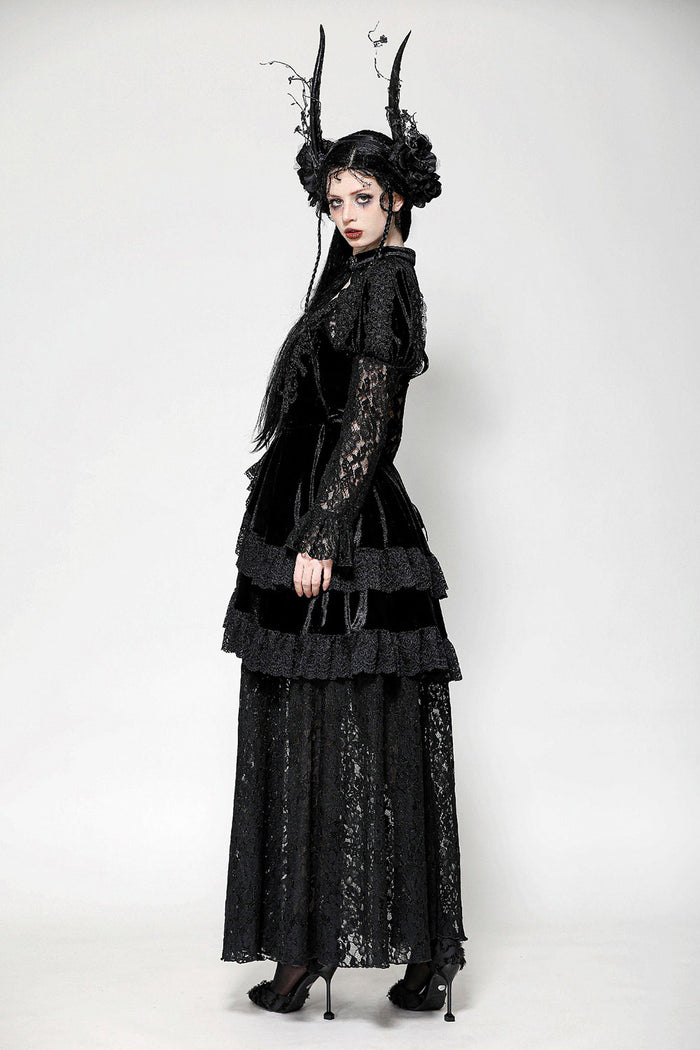 puffed shoulder layered ruffled gothic gown