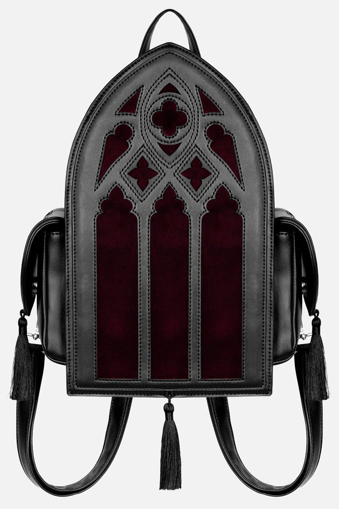 Gothic-style backpack with stained glass design on a gray background