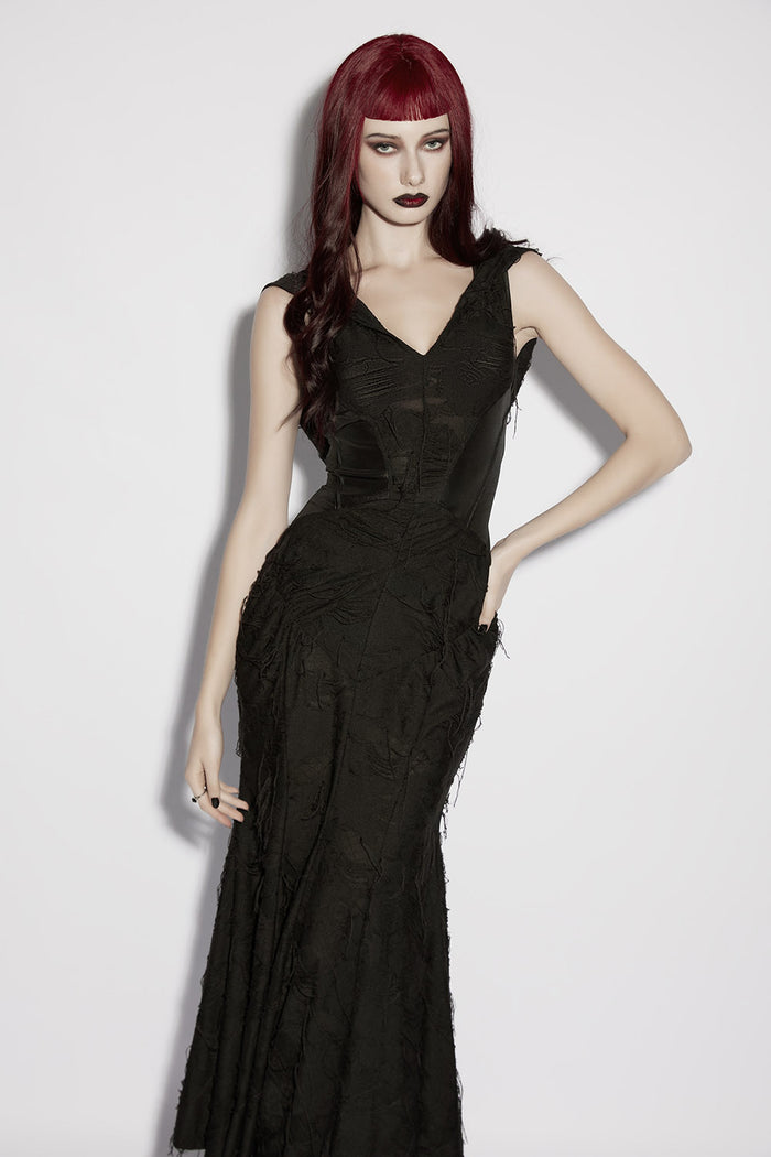 womens long black distressed apocalyptic dress with back lacing