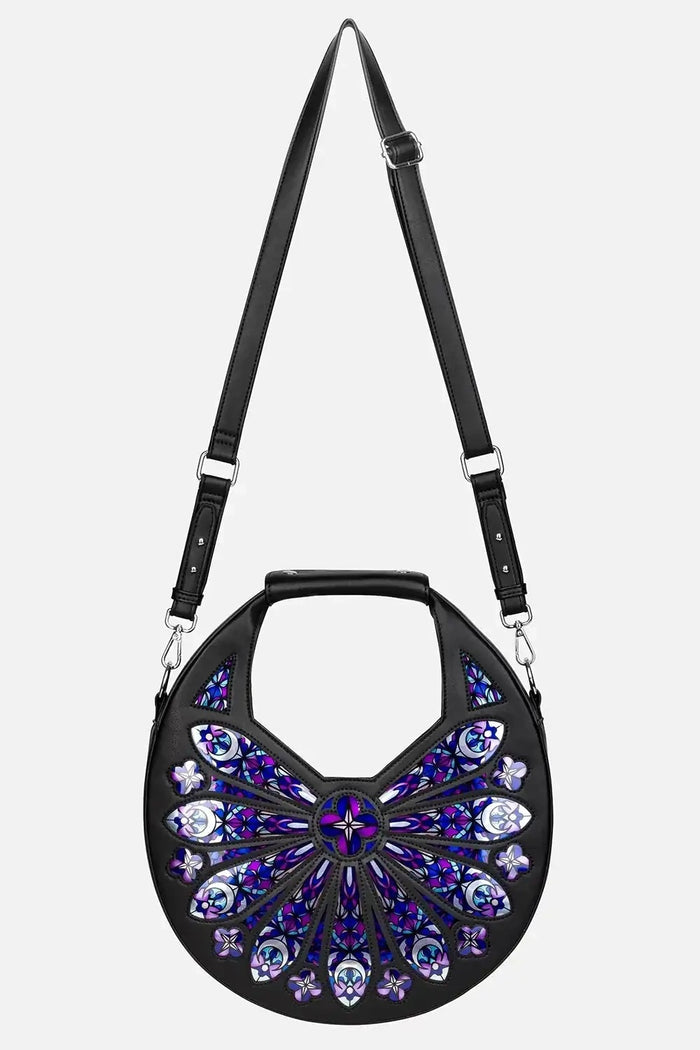 purple and blue gothic cathedral stained glass window  shoulder bag