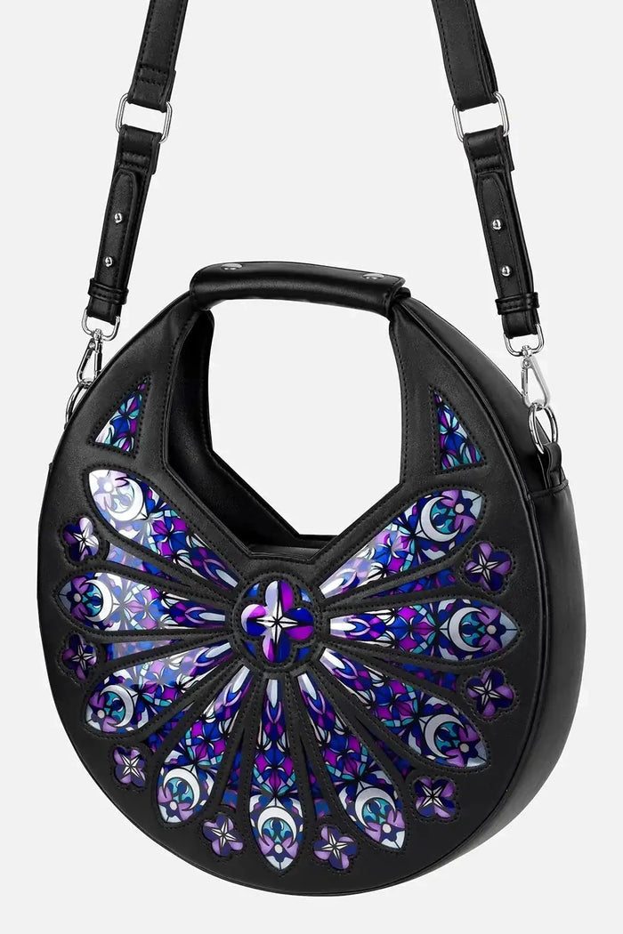 purple and blue gothic cathedral stained glass window crossbody bag