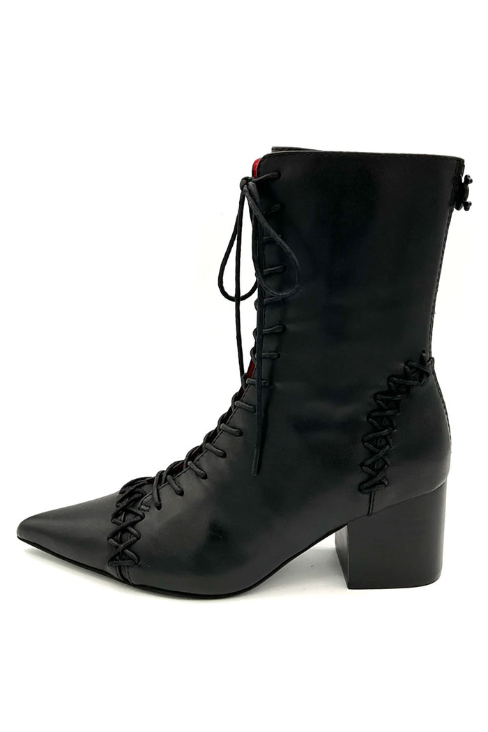Womens black leaher lace up boot with block heel