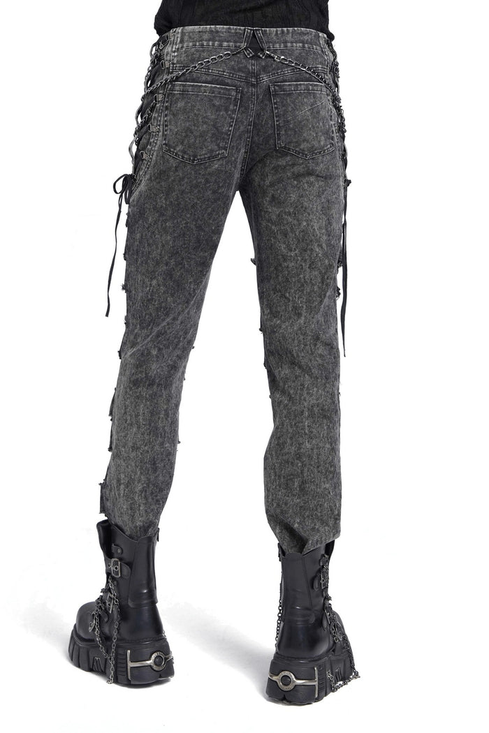 Gray distressed jeans with lace-up details on a white background