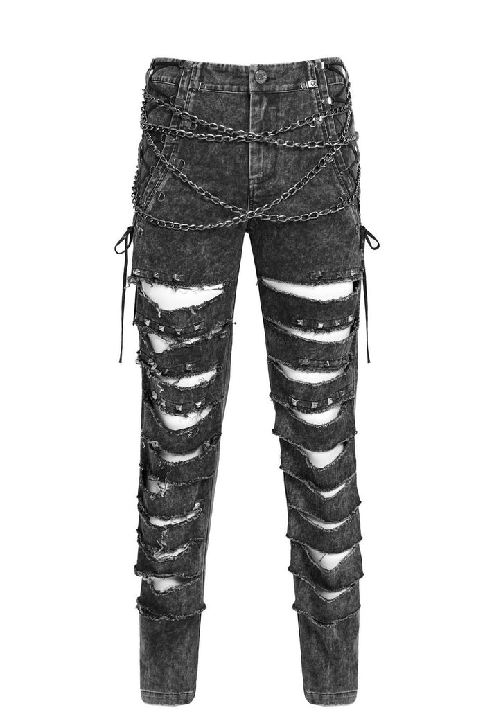 Black distressed jeans with chain details on a white background