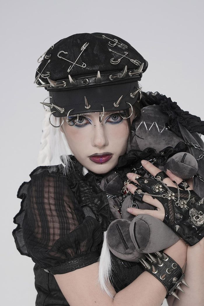 safety pin spiked vegan leather cap hat