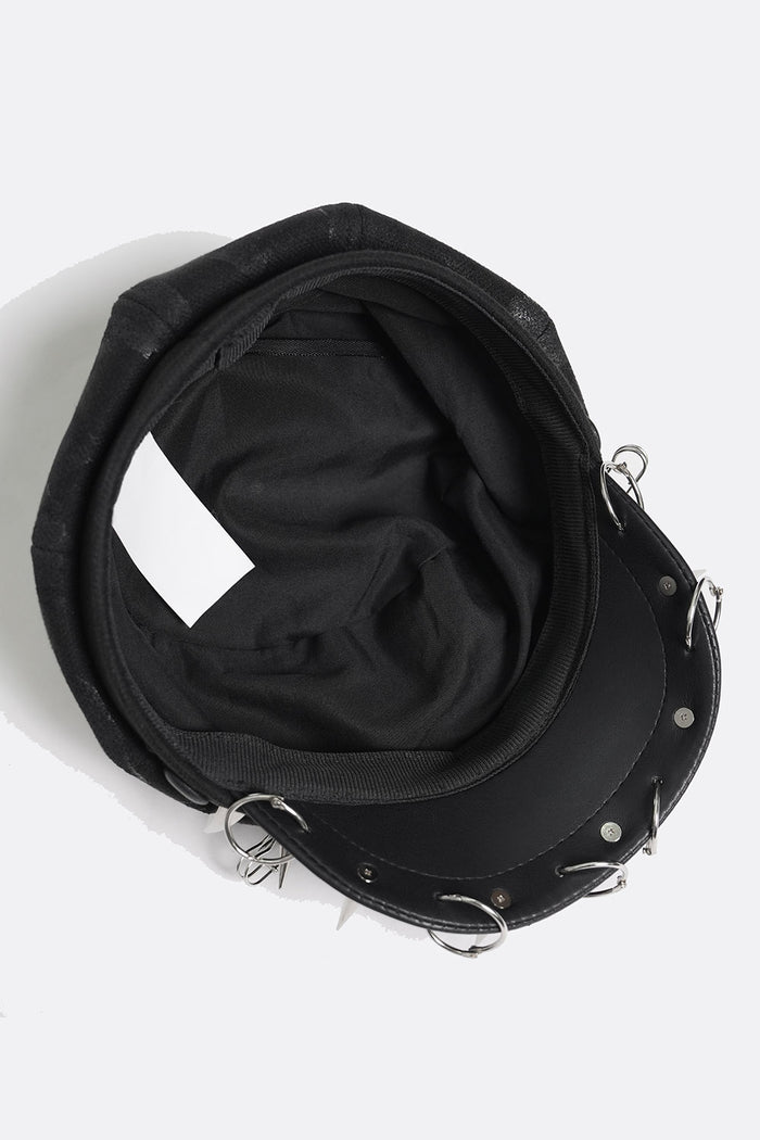 distressed safety pin spiked vegan leather cap hat