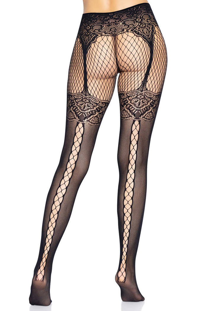 soft and stretchy black fishnet stockings with built in lace garters and belt