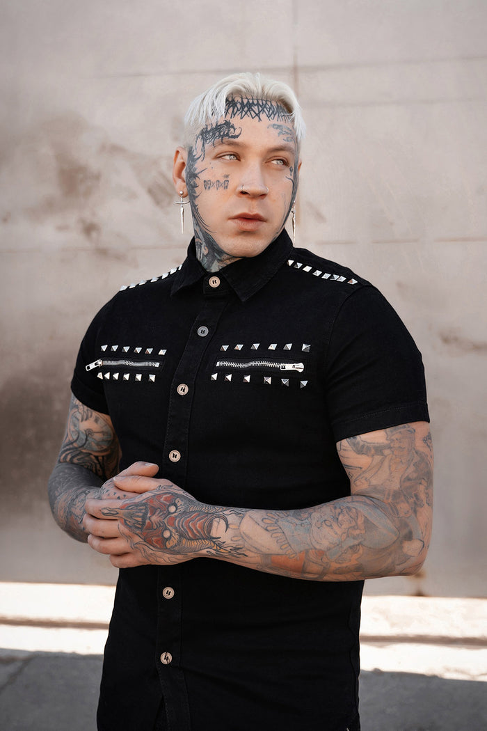 mens plus size denim pyramid studded punk rock shirt