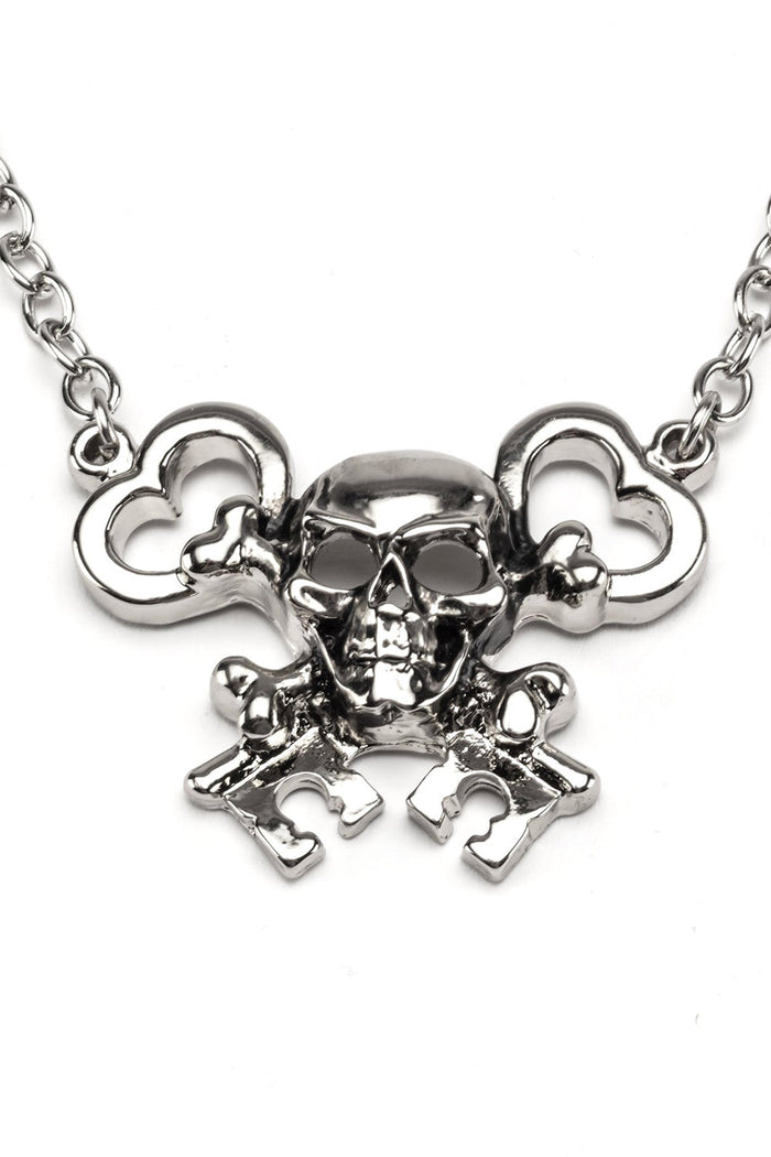 silver finish gothic skull and crossbones key necklace