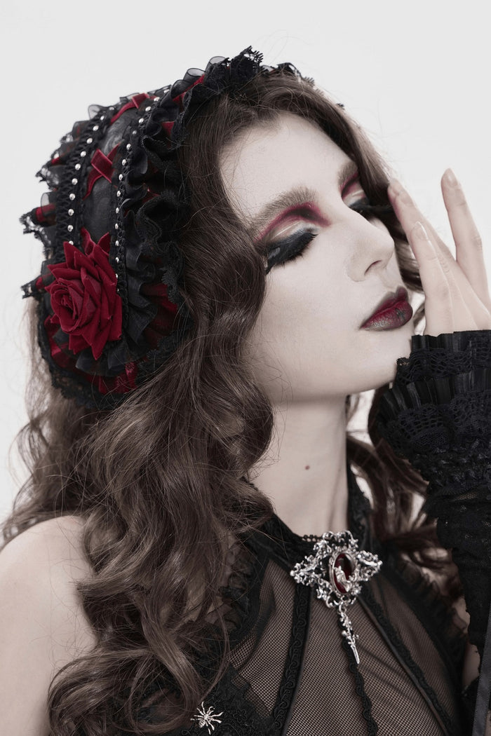 red and black lolita headband with faux roses