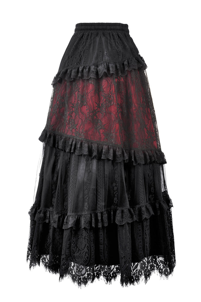victorian long red and black lace patchwork skirt