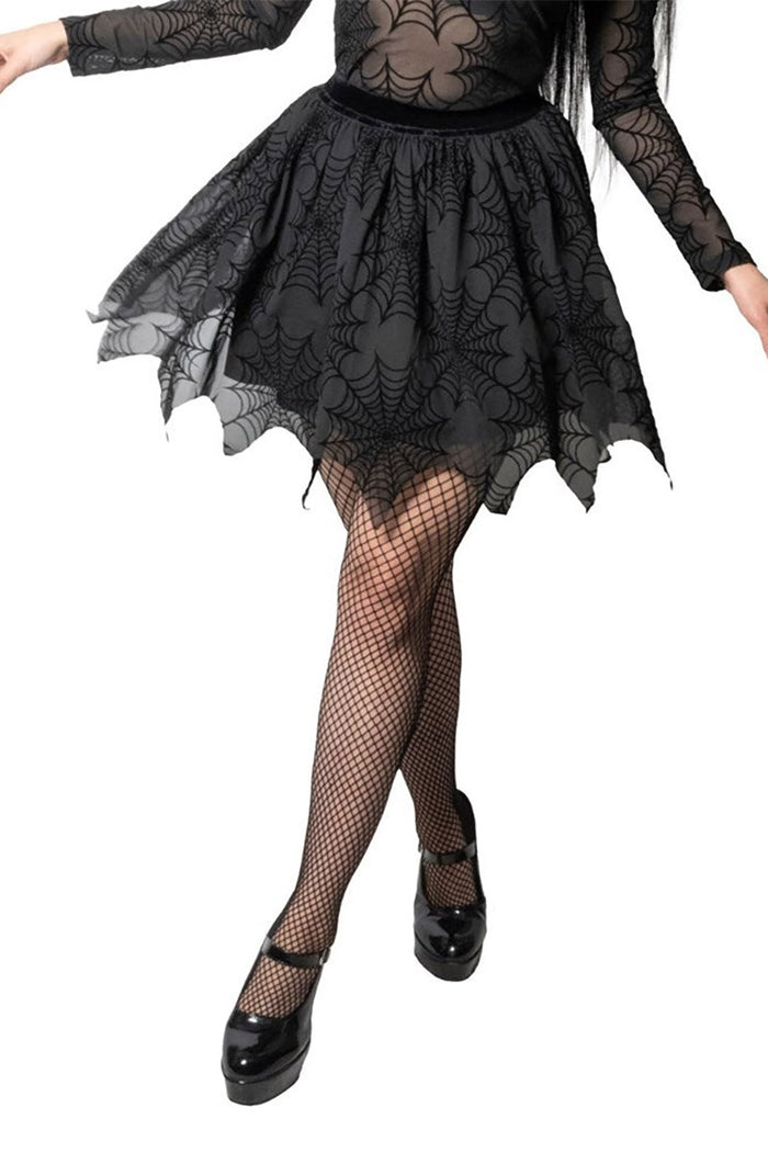 flocked velvet and mesh cobweb halloween skirt