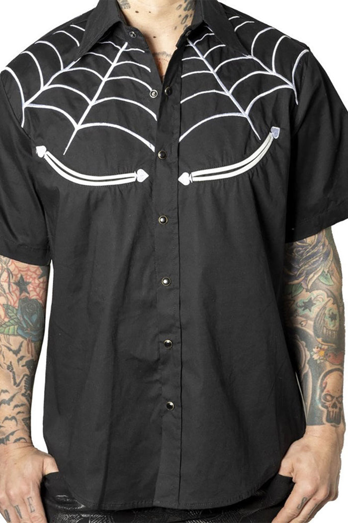 mens embroidered spiderweb gothic button down shirt