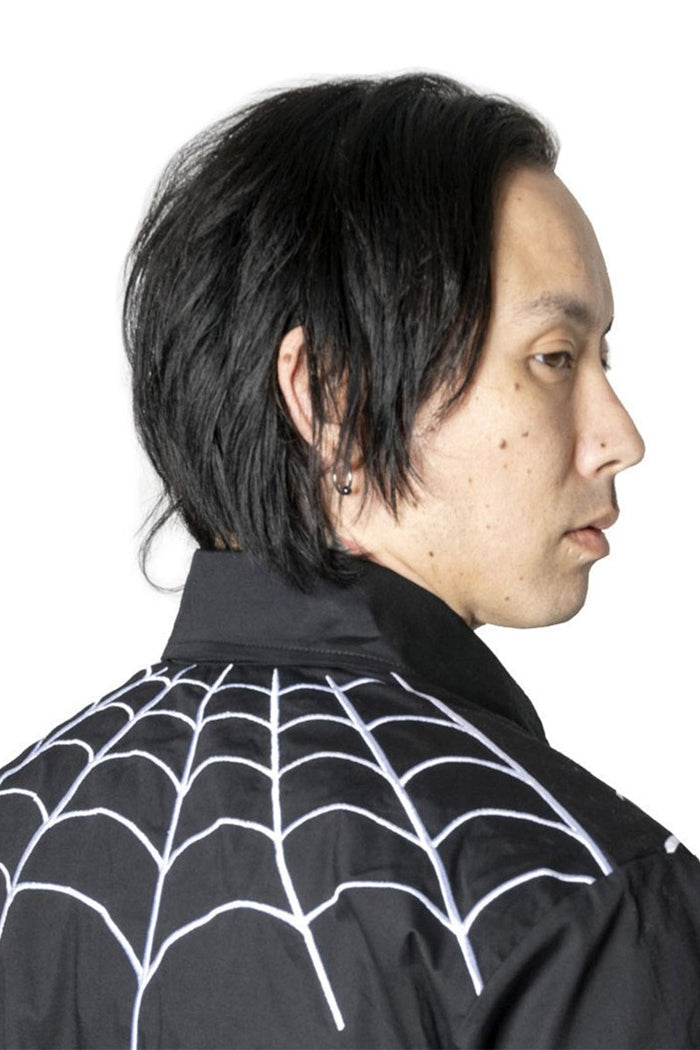 mens gothic buttoned shirt with front buttons, a collar, and spiderweb embroidery