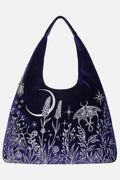 Navy blue bag with silver floral and celestial design on a white background