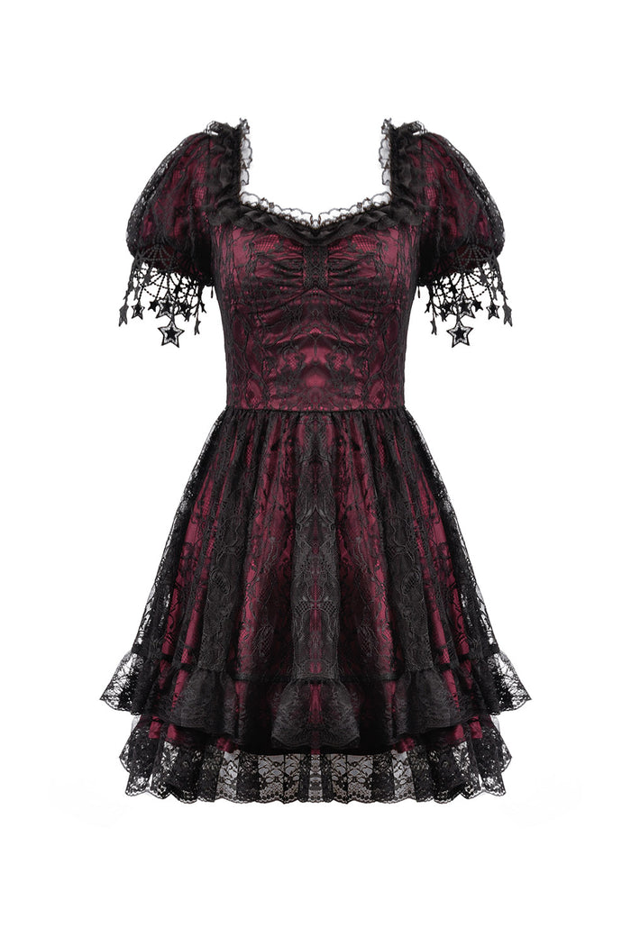 a-line black and red sweetheart neckline dress  with embroidered moon sleeves