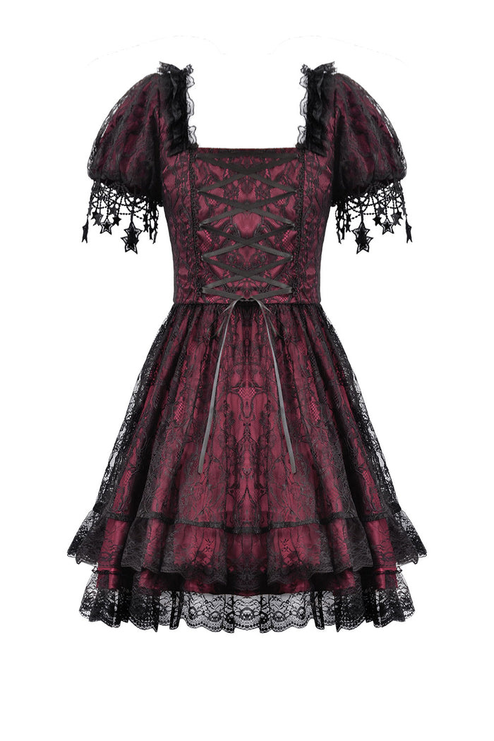 fit and flare black and red sweetheart neckline dress  with embroidered moon sleeves