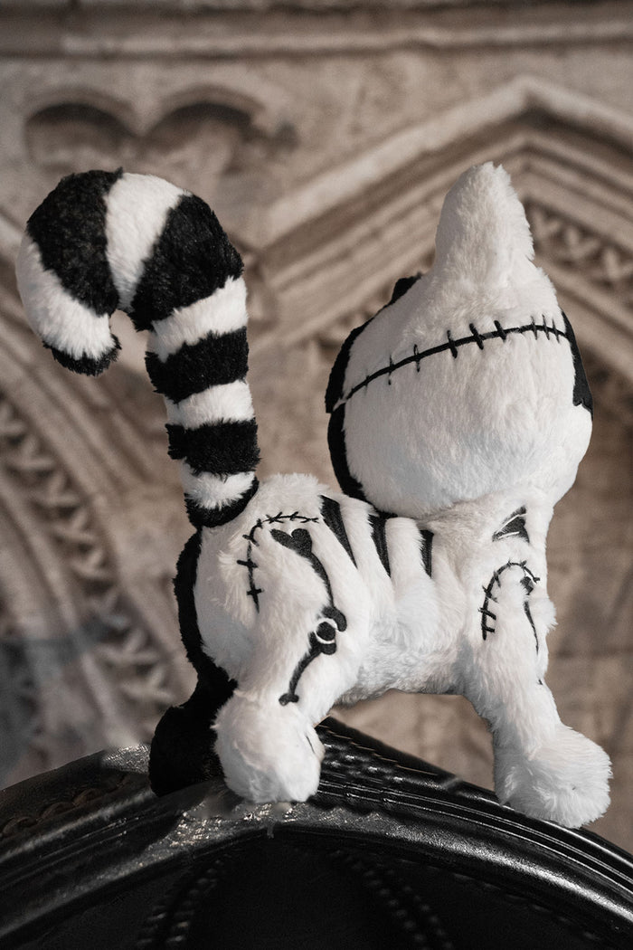 gothic embroidered frankenstein stitched cat plush stuffed animal with a striped tail