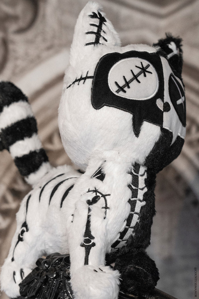 creepy cute black and white gothic embroidered frankenstein stitched cat plush stuffed animal for adults
