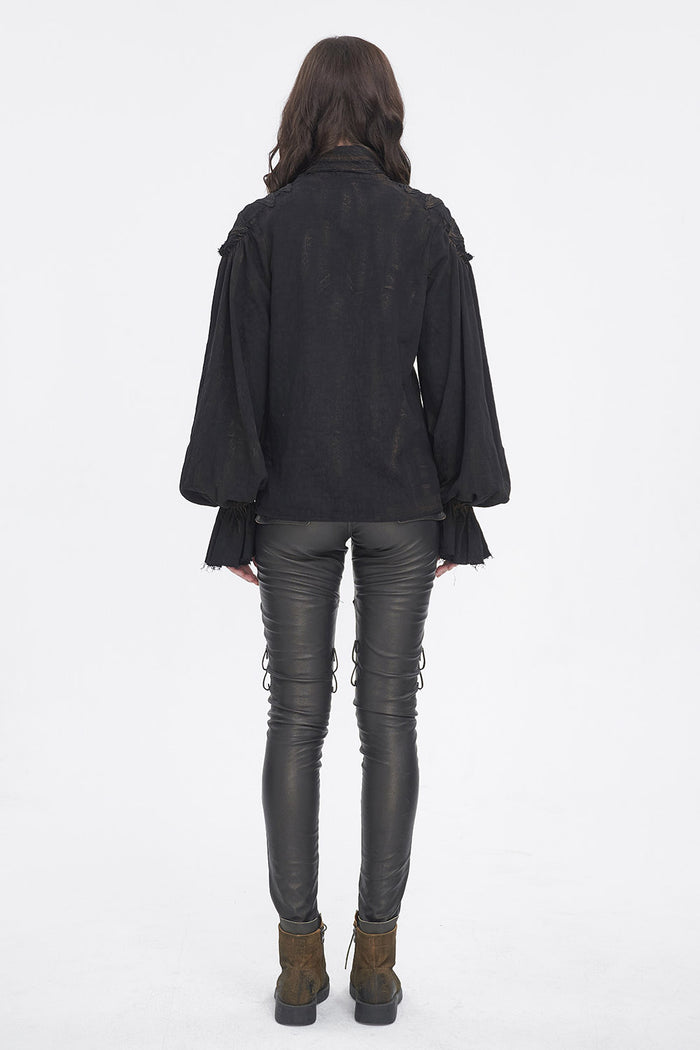 distressed tattered long sleeve high collar pirate blouse