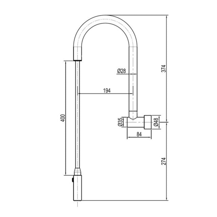 Technical Drawing Suprema Retractable Wall Spout - Satin SUP800RLS - The Blue Space