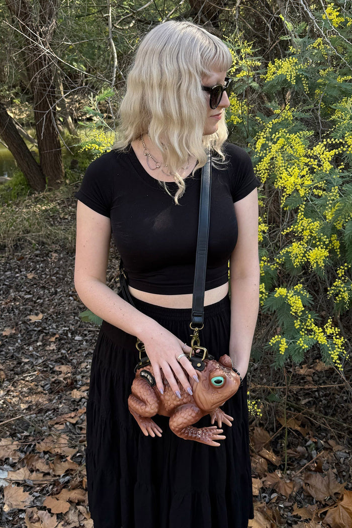 goblincore brown toad shoulder bag  by windy willow