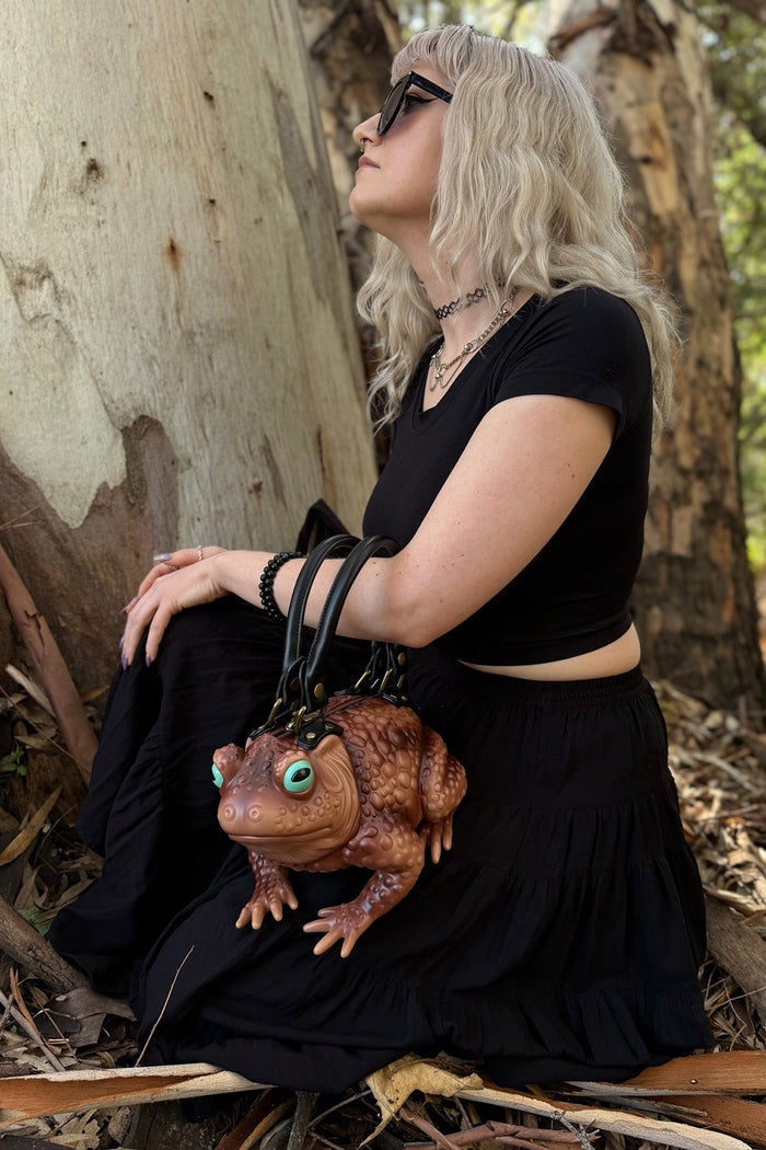 whimsical brown toad frog handbag with adjustable strap by windy willow