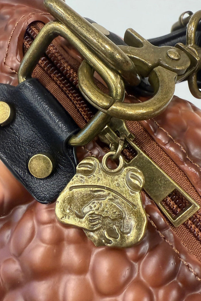 brown toad shoulder bag  by windy willow with frog charm