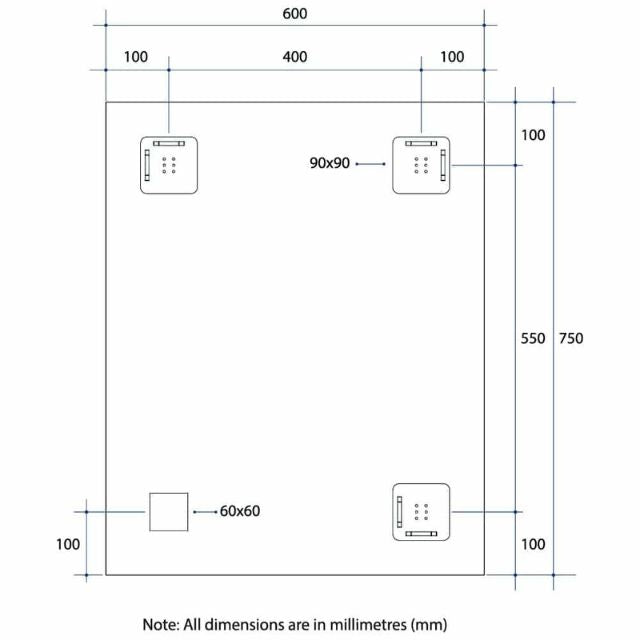 Technical Drawing Thermogroup Rectangle Mirror with Sandblasted Border 600x750mm SS6075HN - The Blue Space