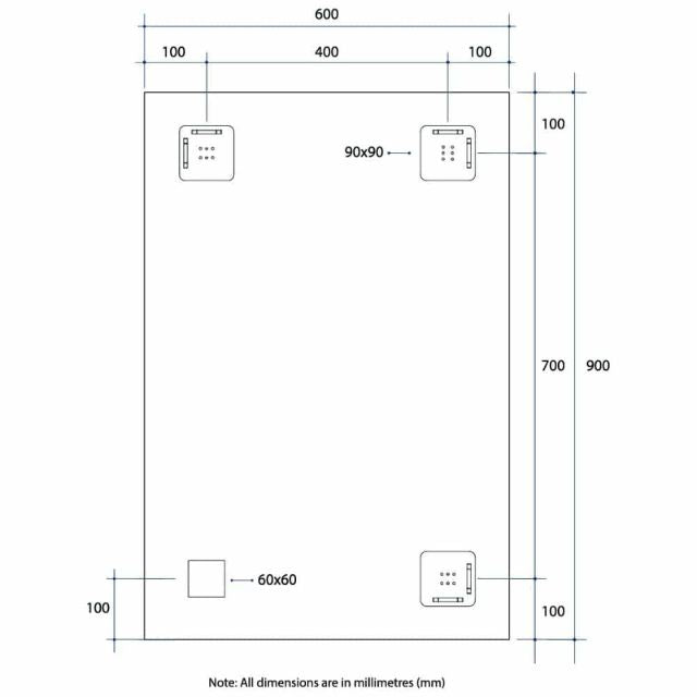 Technical Drawing Thermogroup Rectangle Polished Edge Mirror 600x900mm JS6090HN - The Blue Space